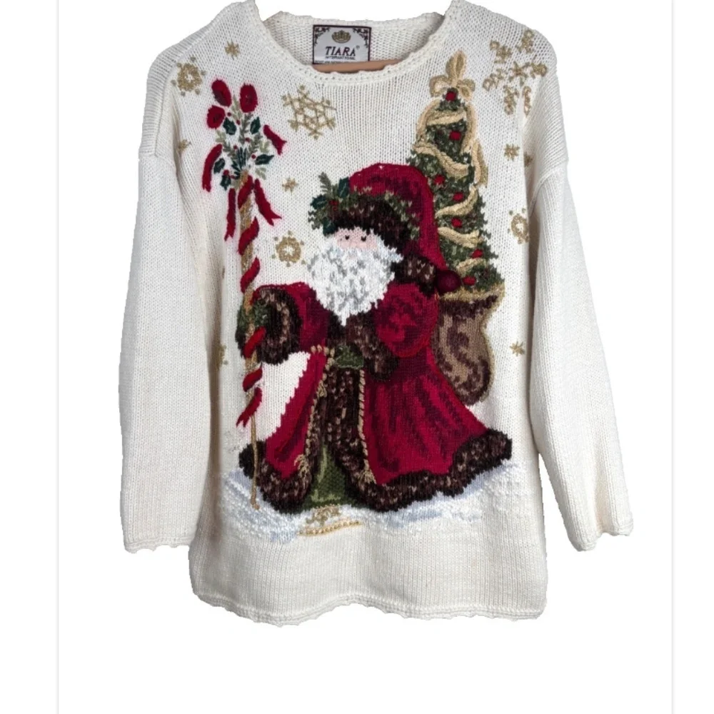 VTG 90s Tiara Christmas Sweater L Embroidered Cream Knit Granny Cottage Santa